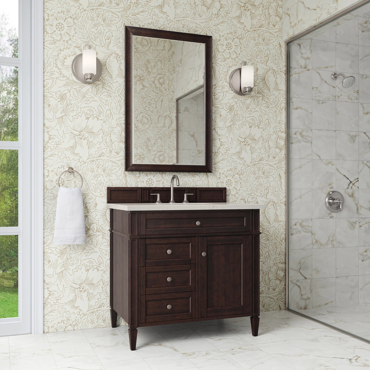 Brittany 36" Single Vanity, Burnished Mahogany, w/ 3 CM Siberian Silestone Top, view 3