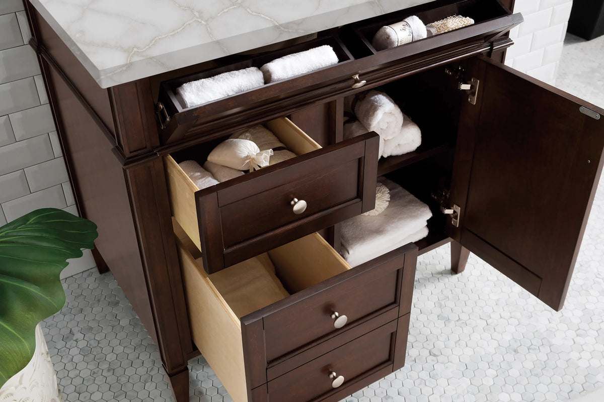 Brittany 36" Single Vanity, Burnished Mahogany w/ 3 CM Victorian Silver Silestone Top, view 4
