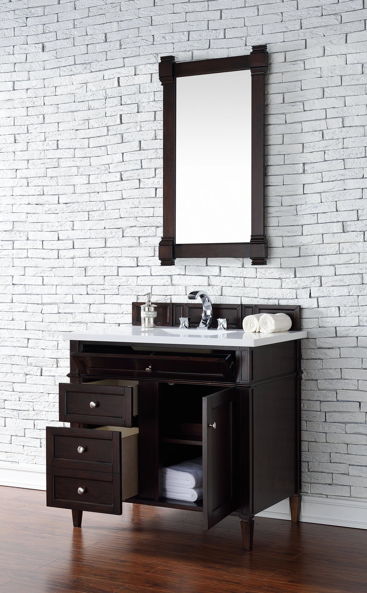 Brittany 36" Single Vanity, Burnished Mahogany w/ 3 CM White Zeus Silestone Top, view 4