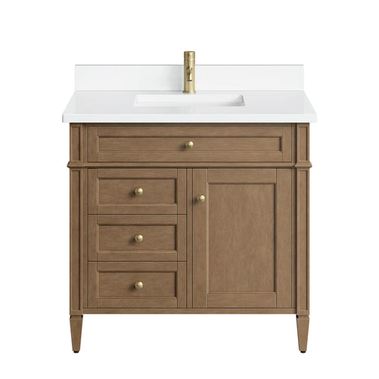 Brittany 36" Single Vanity, Pecan w/ Single Hole 3 CM White Zeus Silestone Top and Matching Backsplash