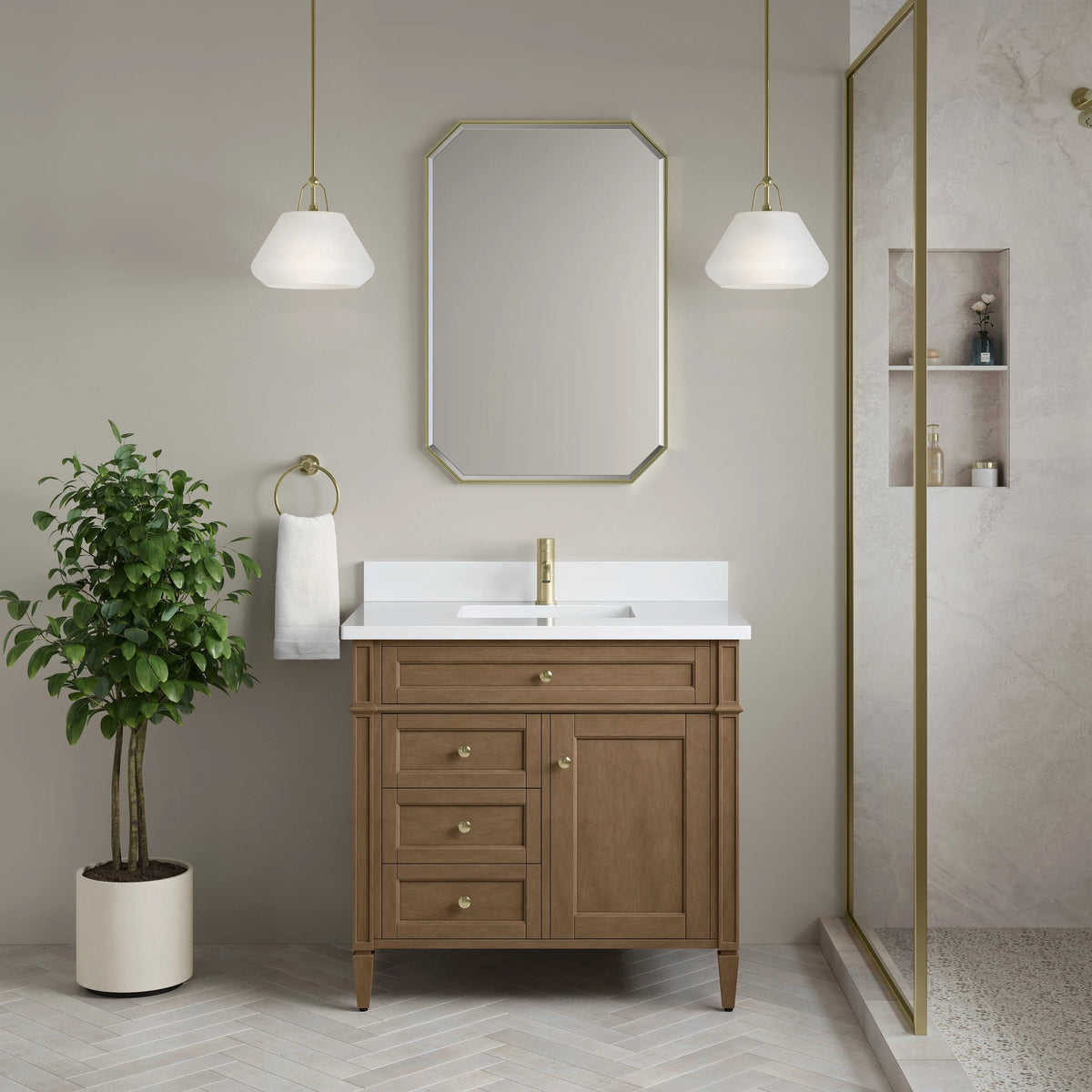 Brittany 36" Single Vanity, Pecan w/ Single Hole 3 CM White Zeus Silestone Top and Matching Backsplash, view 2