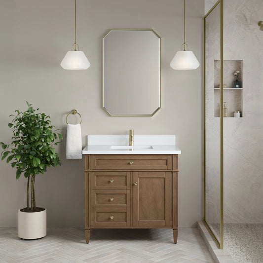 Brittany 36" Single Vanity, Pecan w/ Single Hole 3 CM White Zeus Silestone Top and Matching Backsplash, view 2