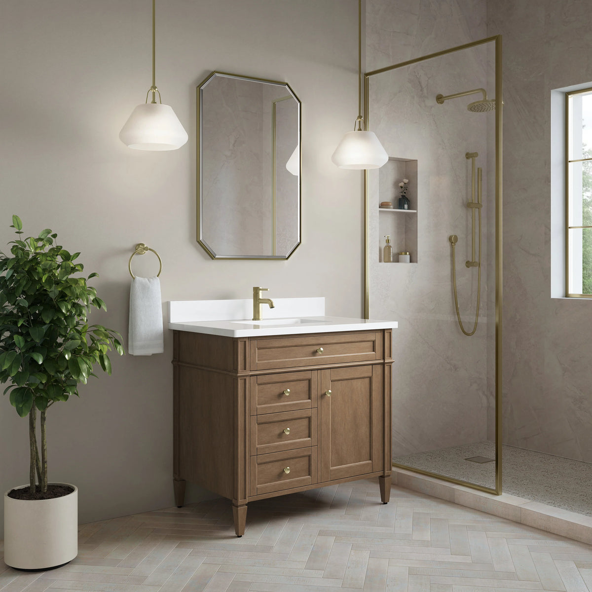 Brittany 36" Single Vanity, Pecan w/ Single Hole 3 CM White Zeus Silestone Top and Matching Backsplash, view 3