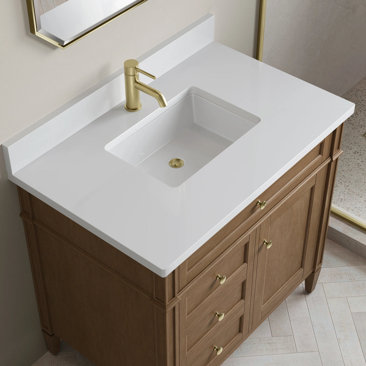 Brittany 36" Single Vanity, Pecan w/ Single Hole 3 CM White Zeus Silestone Top and Matching Backsplash, view 5