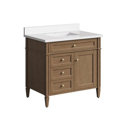 Brittany 36" Single Vanity, Pecan w/ Single Hole 3 CM White Zeus Silestone Top and Matching Backsplash, view 8