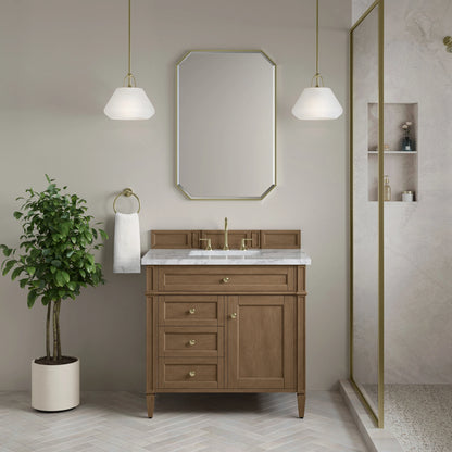 Brittany 36" Single Vanity, Pecan w/ 3 CM Carrara Marble Top, view 2