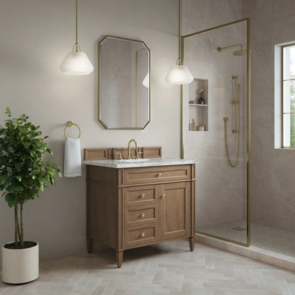 Brittany 36" Single Vanity, Pecan w/ 3 CM Carrara Marble Top, view 3