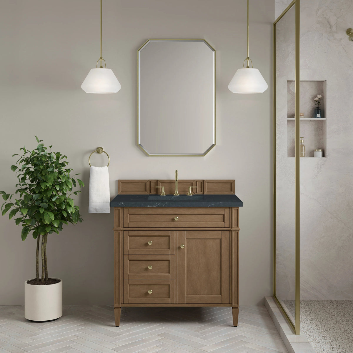 Brittany 36" Single Vanity, Pecan w/ 3 CM Charcoal Soapstone Silestone Top, view 2