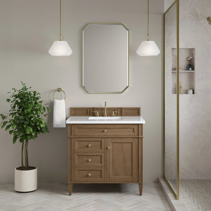 Brittany 36" Single Vanity, Pecan w/ 3 CM White Zeus Silestone Top, view 2