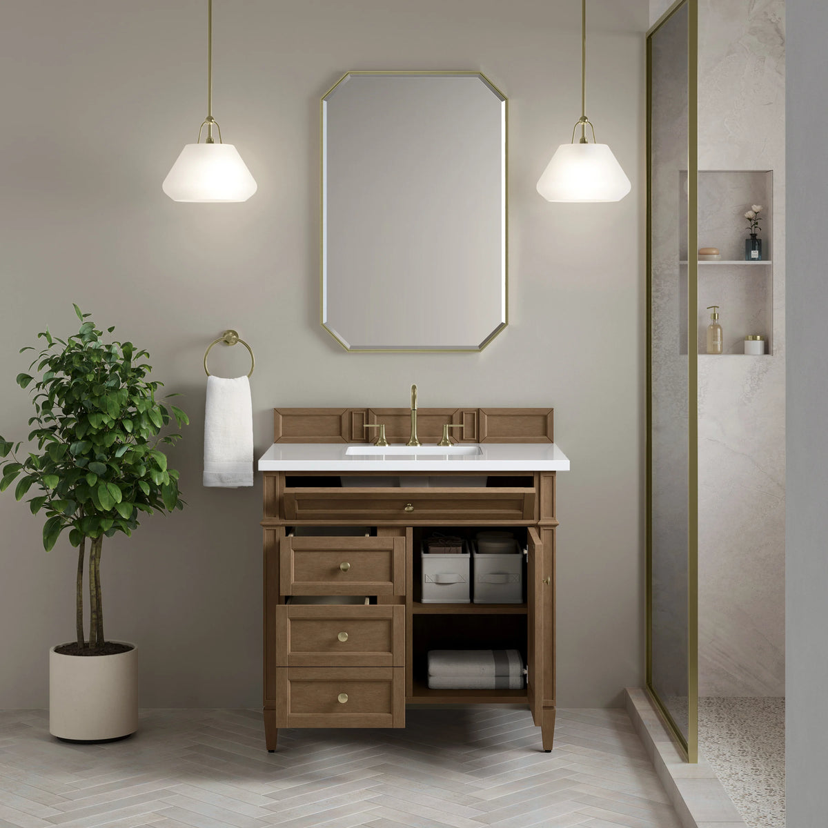 Brittany 36" Single Vanity, Pecan w/ 3 CM White Zeus Silestone Top, view 5
