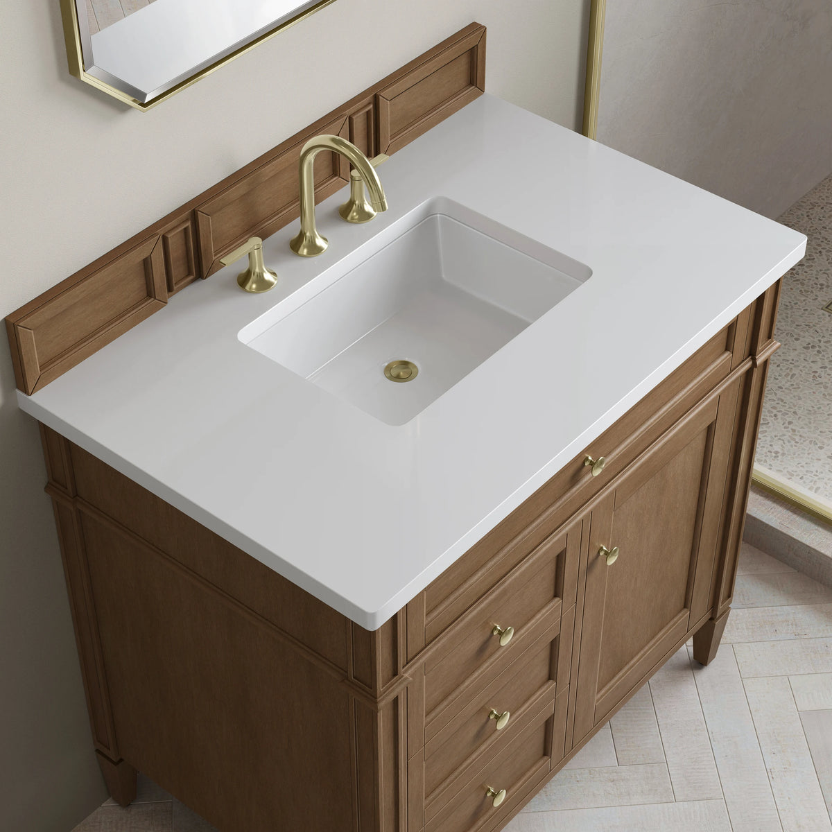 Brittany 36" Single Vanity, Pecan w/ 3 CM White Zeus Silestone Top, view 7