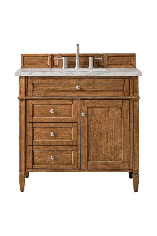 Brittany 36" Single Vanity, Saddle Brown w/ 3 CM Carrara Marble Top