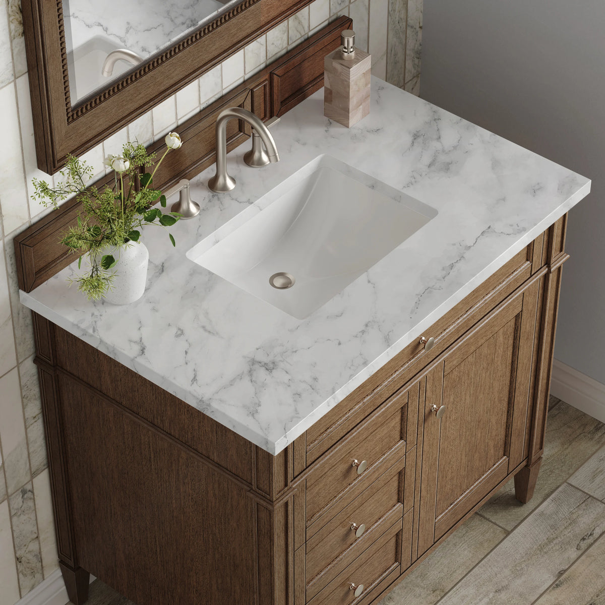 Brittany 36" Single Vanity, Saddle Brown w/ 3 CM Carrara Marble Top, view 6