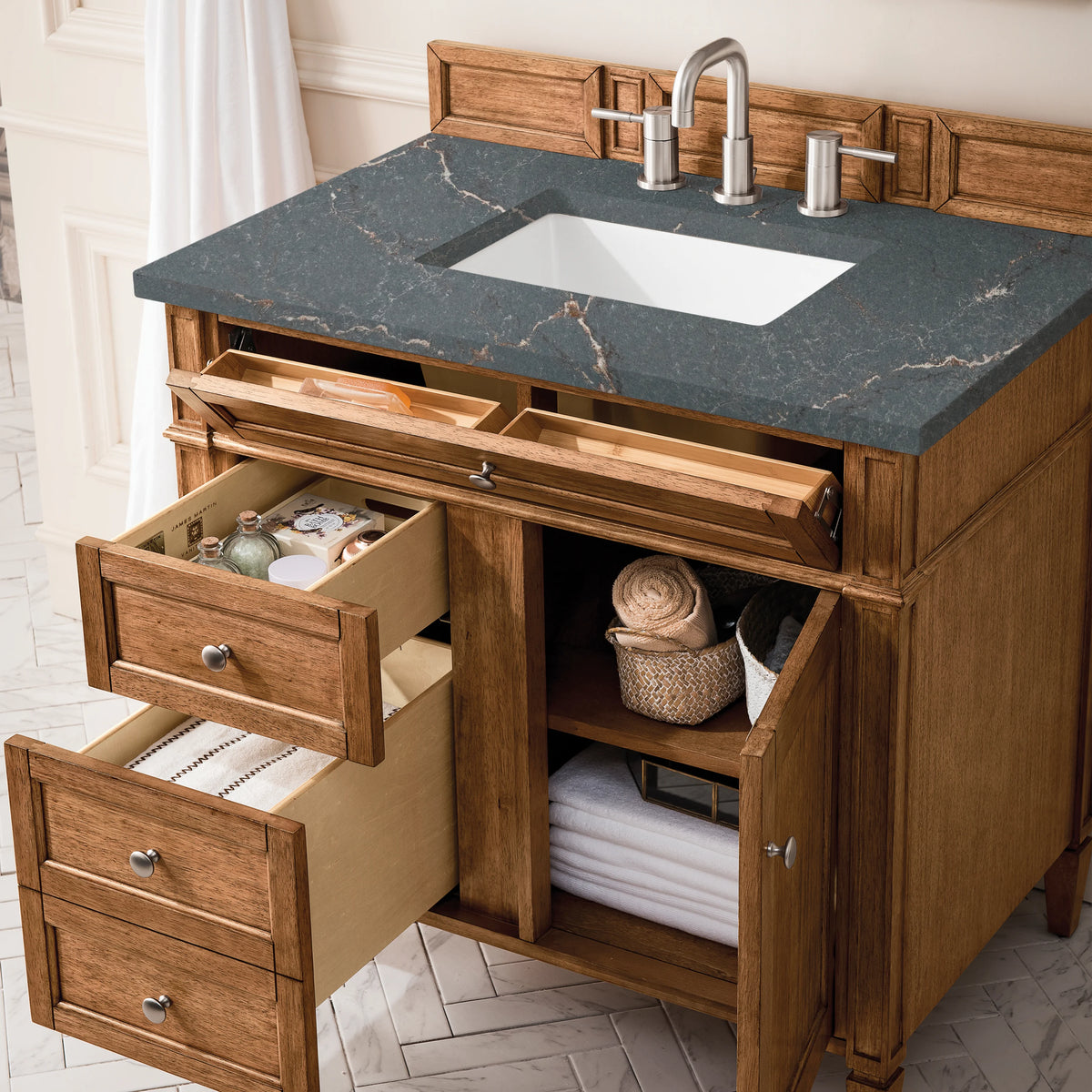 Brittany 36" Single Vanity, Saddle Brown w/ 3 CM Parisien Bleu Silestone Top, view 4