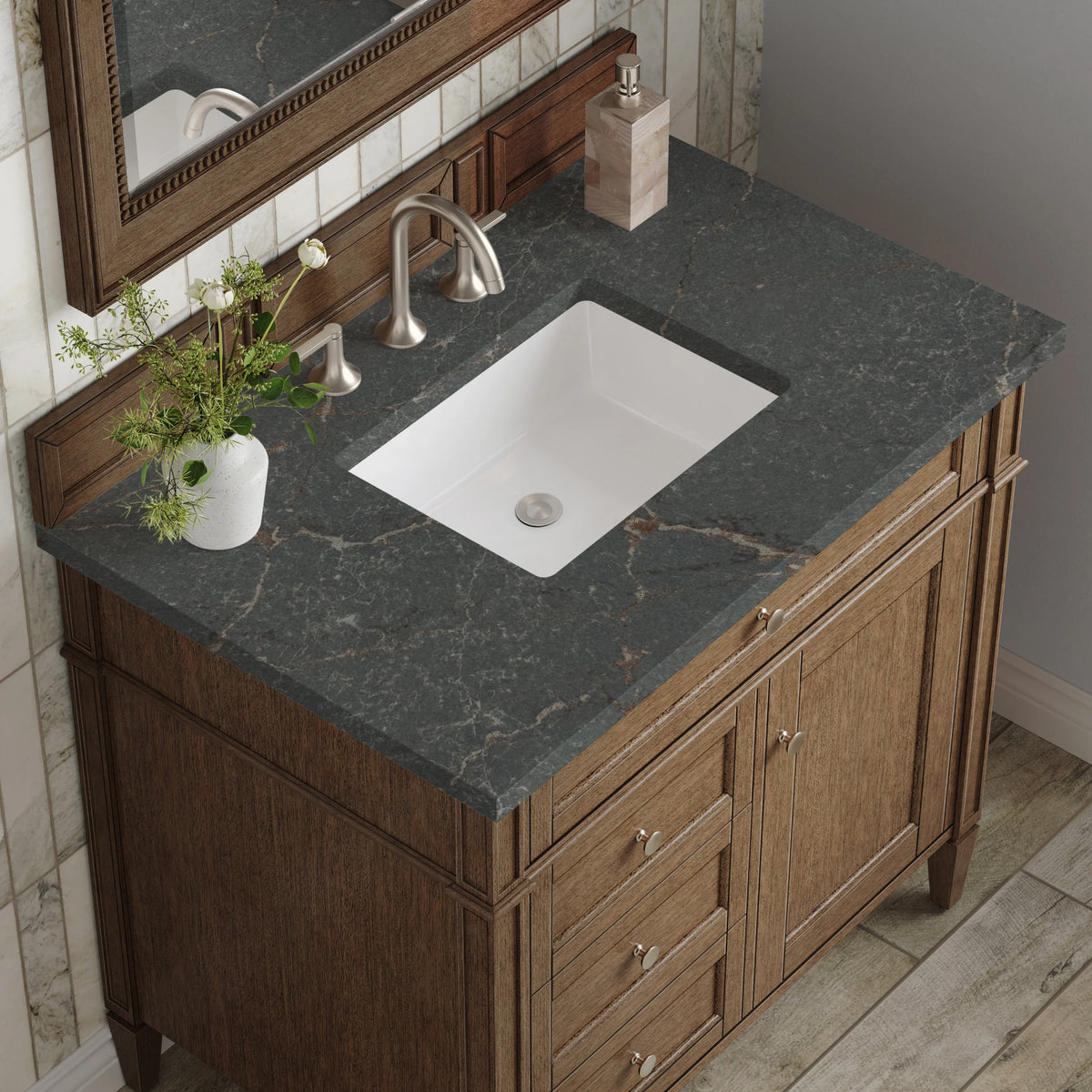 Brittany 36" Single Vanity, Saddle Brown w/ 3 CM Parisien Bleu Silestone Top, view 6