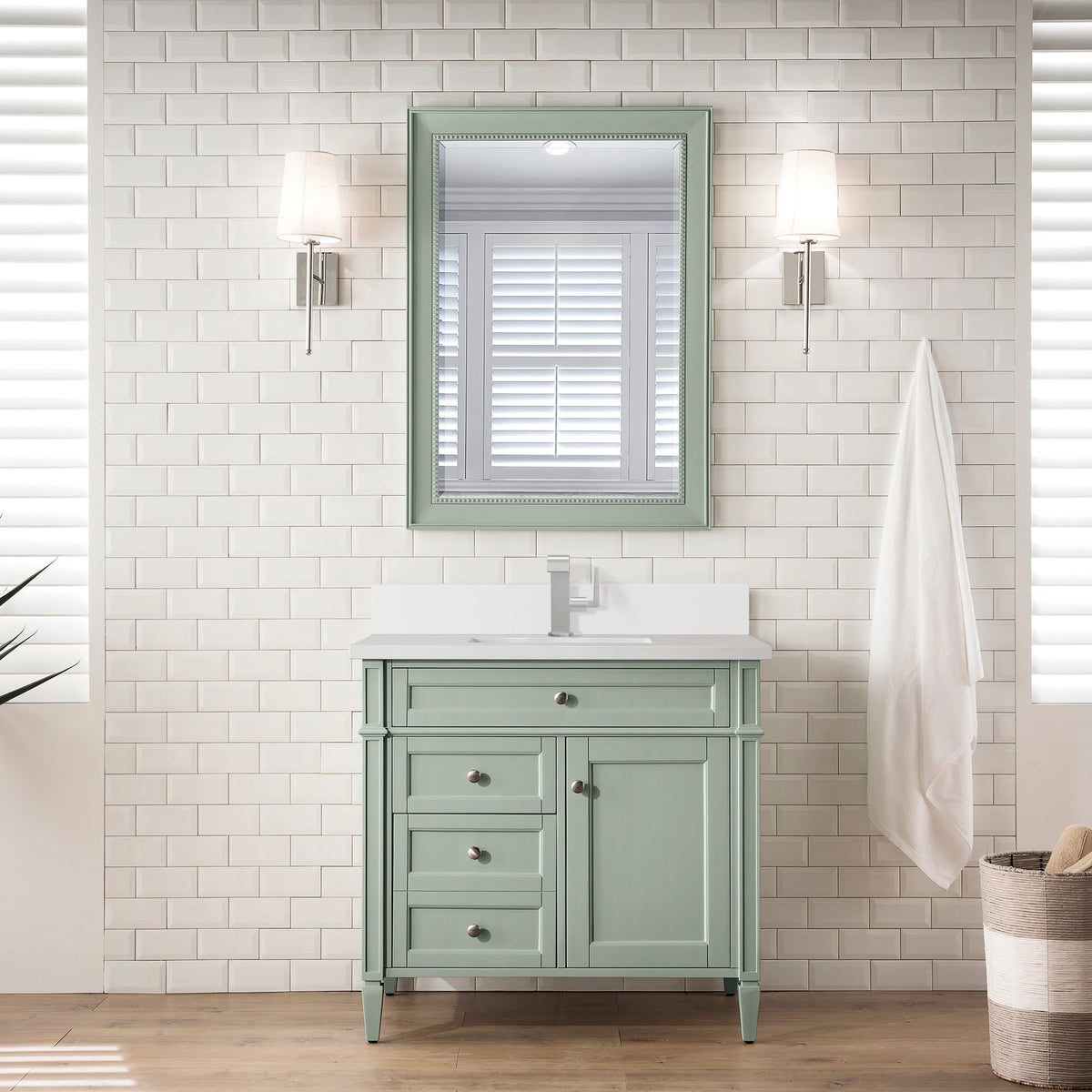 Brittany 36" Single Vanity, Sage Green w/ Single Hole 3 CM White Zeus Silestone Top & Backsplash, view 2