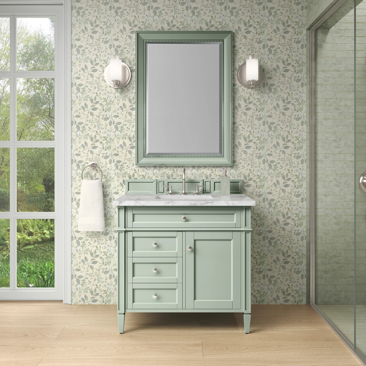 Brittany 36" Single Vanity, Sage Green w/ 3 CM Carrara Marble Top, view 2