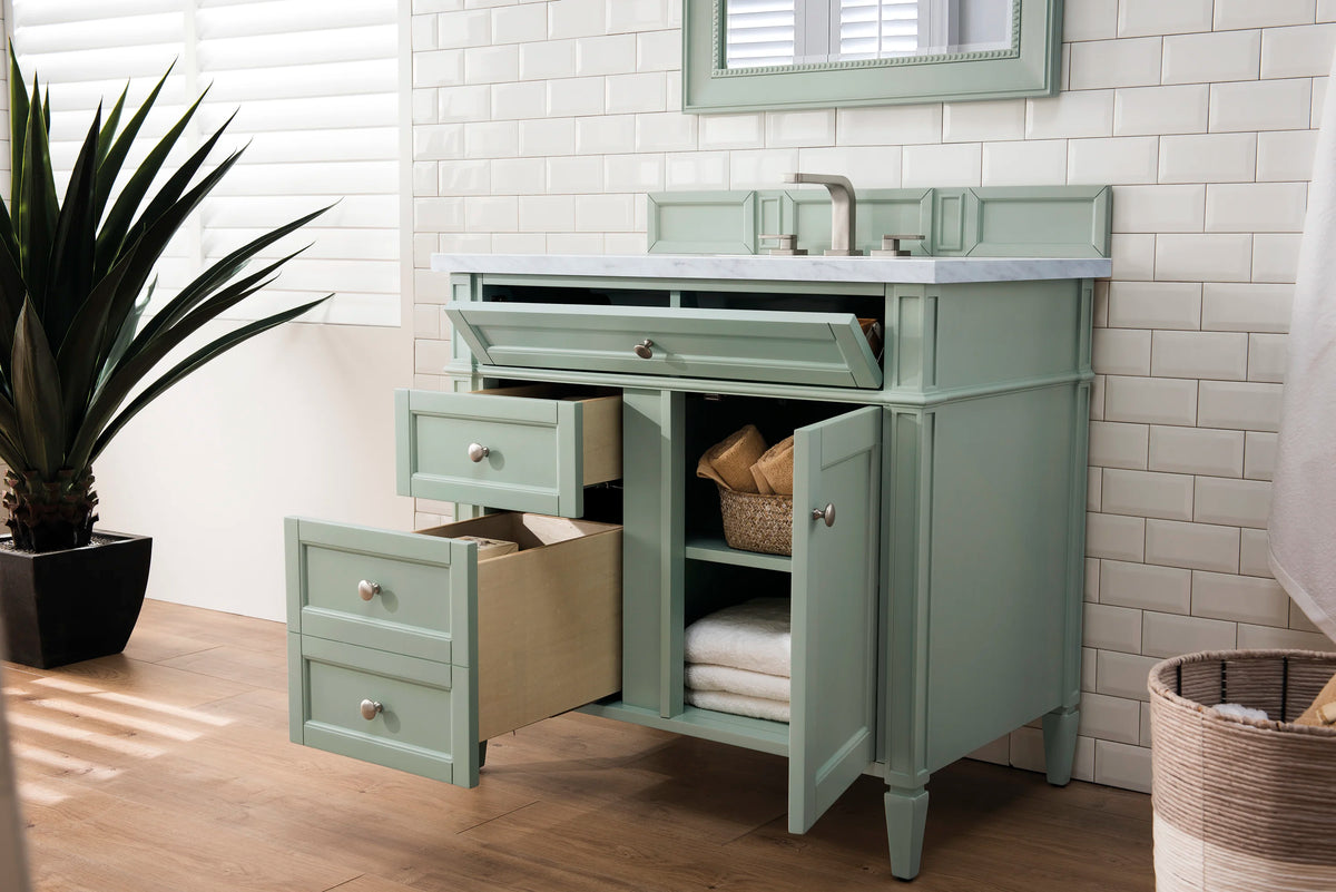 Brittany 36" Single Vanity, Sage Green w/ 3 CM Carrara Marble Top, view 4