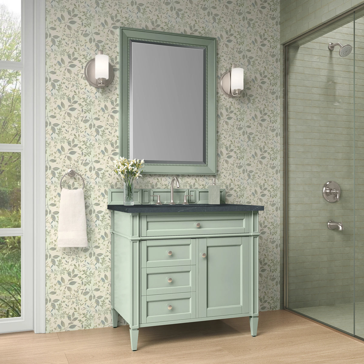 Brittany 36" Single Vanity, Sage Green w/ 3 CM Charcoal Soapstone Silestone Top, view 3