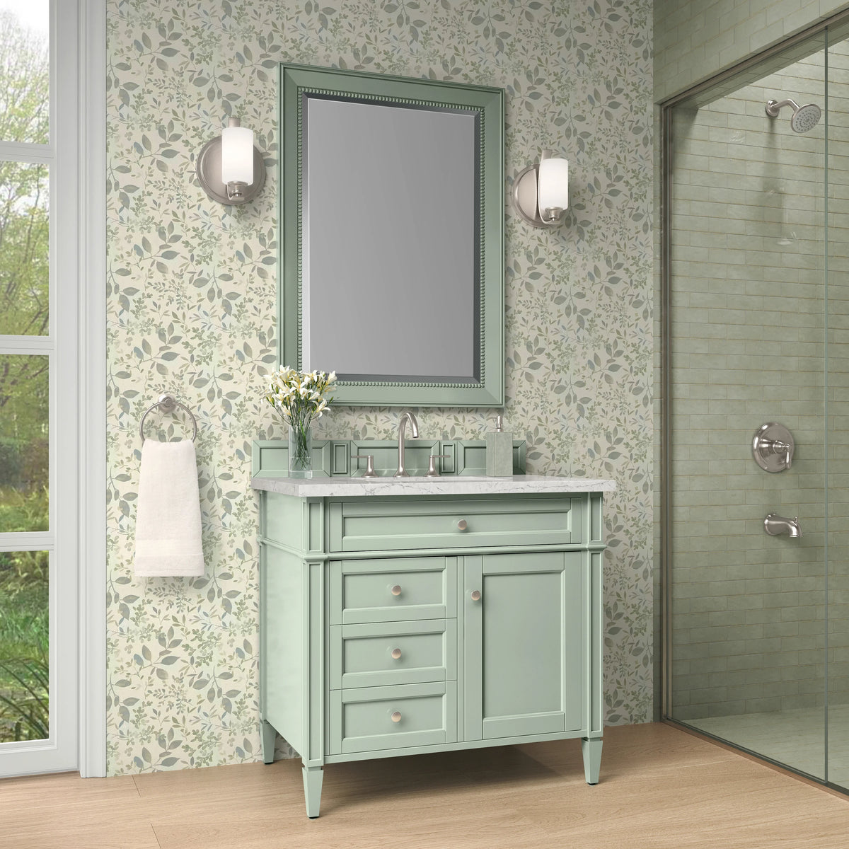 Brittany 36" Single Vanity, Sage Green w/ 3 CM Eternal Jasmine Pearl Silestone Top, view 3