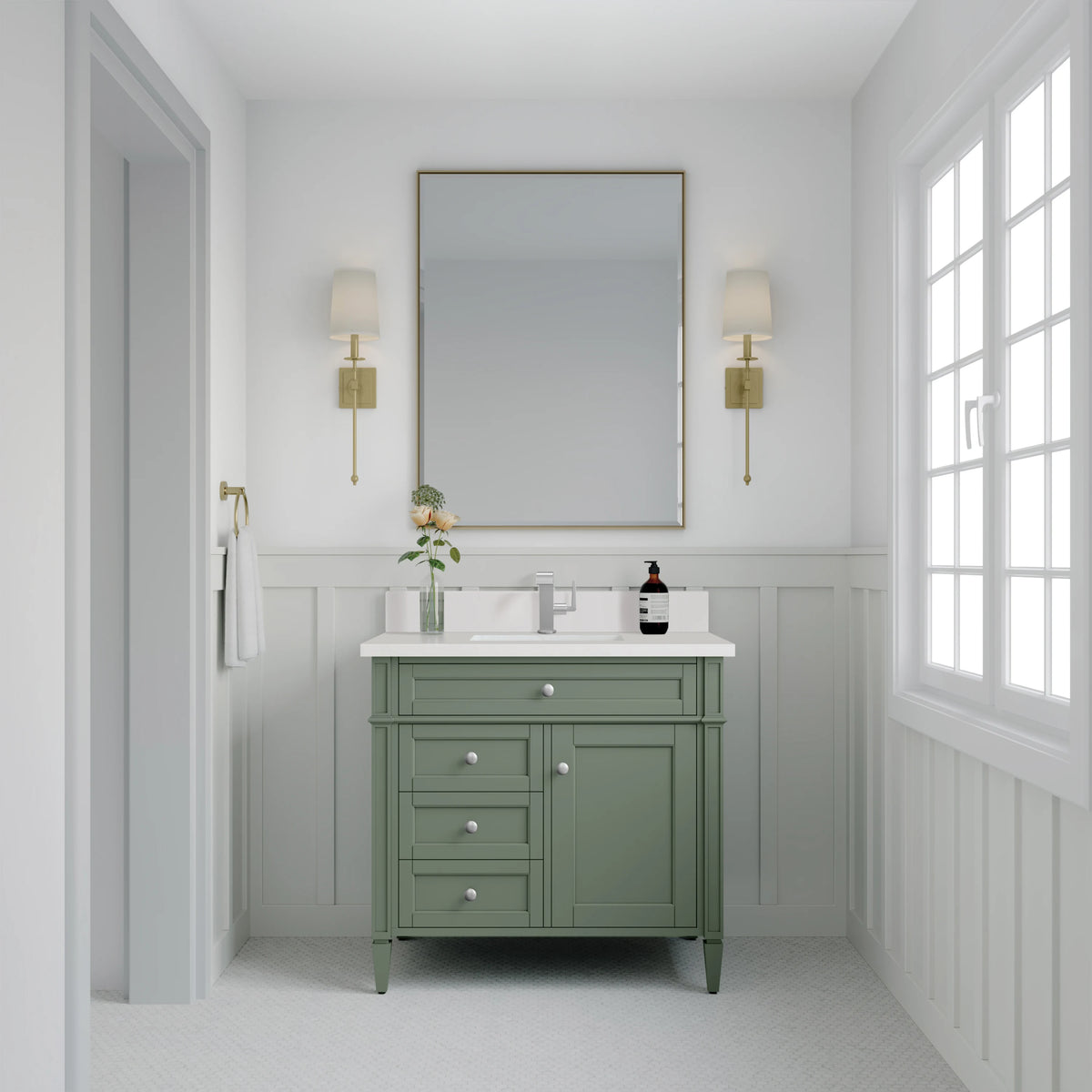 Brittany 36" Single Vanity, Smokey Celadon w/ Single Hole 3 CM White Zeus Top & Backsplash, view 2