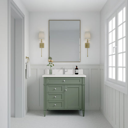 Brittany 36" Single Vanity, Smokey Celadon w/ Single Hole 3 CM White Zeus Top & Backsplash, view 2