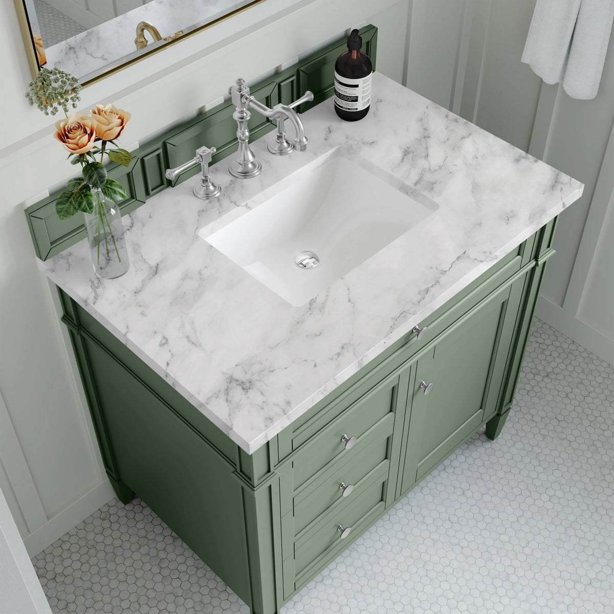 Brittany 36" Single Vanity, Smokey Celadon w/ 3 CM Carrara Marble Top, view 5