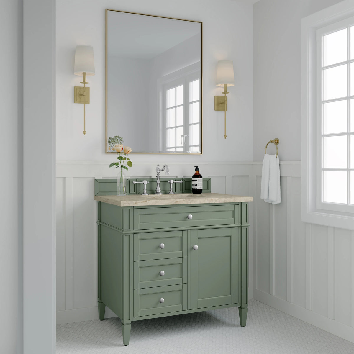 Brittany 36" Single Vanity, Smokey Celadon, w/ 3 CM Tajnar Eclos Top, view 3