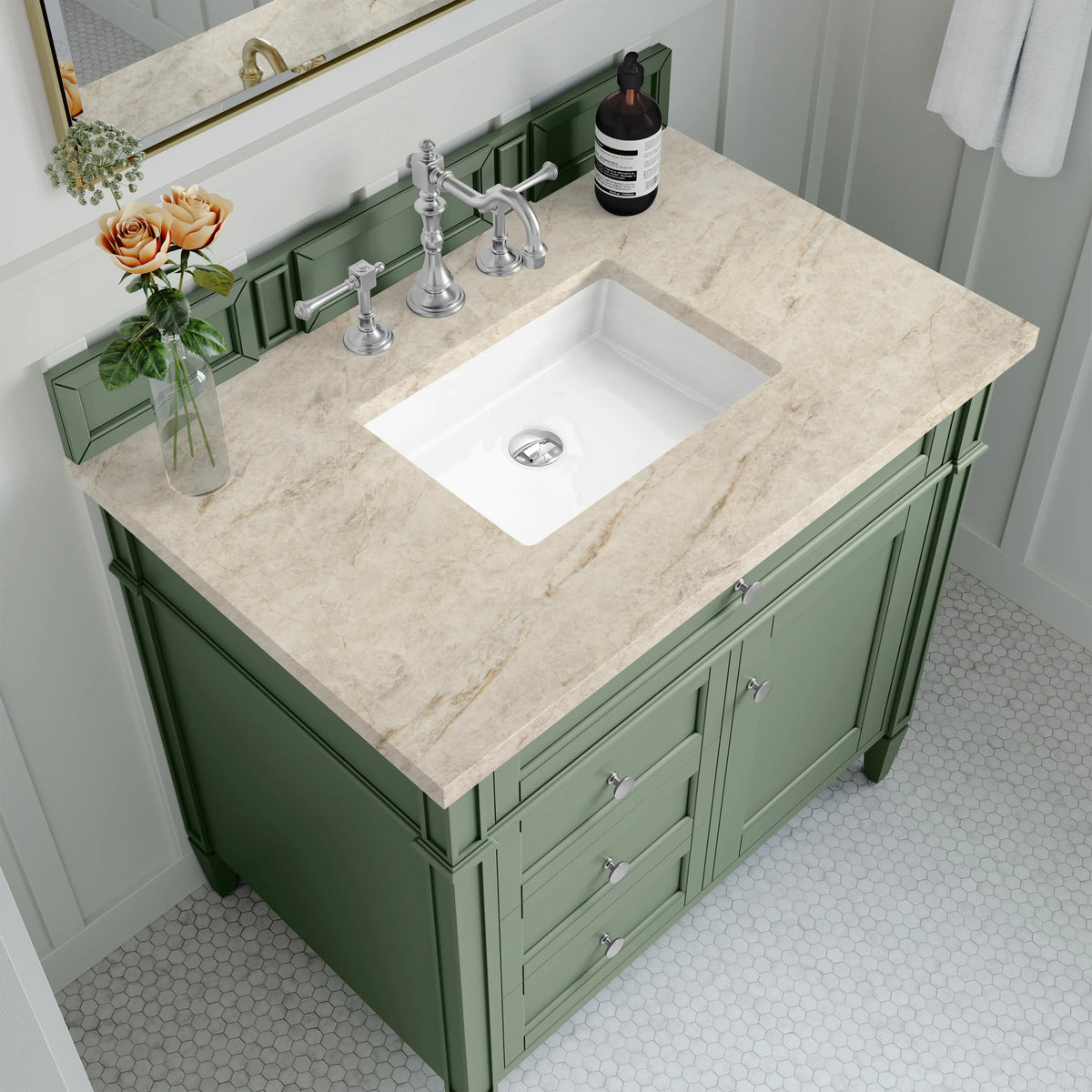 Brittany 36" Single Vanity, Smokey Celadon, w/ 3 CM Tajnar Eclos Top, view 5