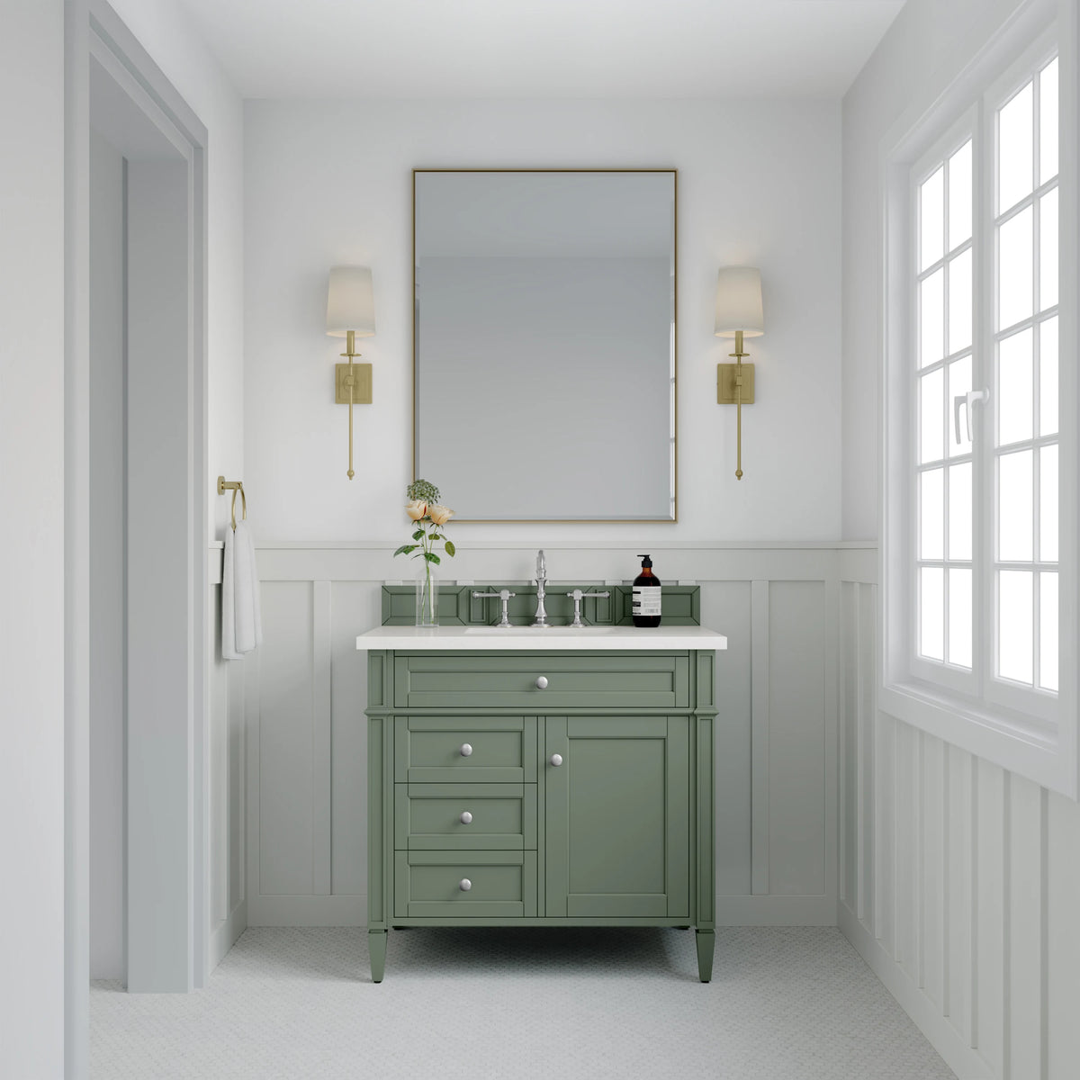 Brittany 36" Single Vanity, Smokey Celadon w/ 3 CM White Zeus Top, view 2