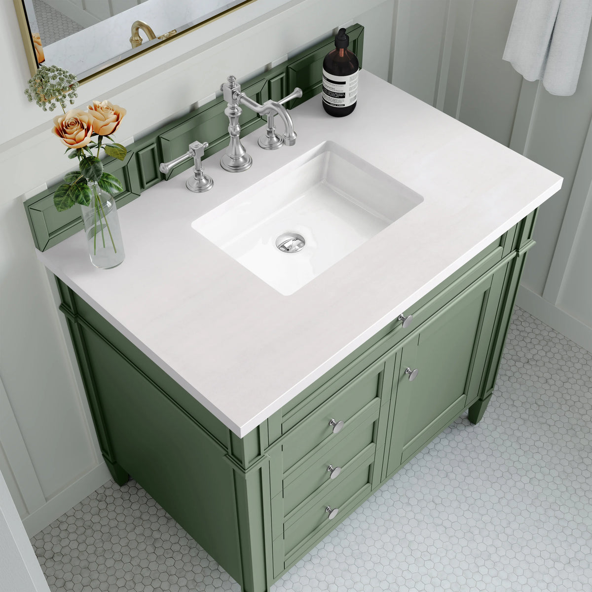 Brittany 36" Single Vanity, Smokey Celadon w/ 3 CM White Zeus Top, view 5