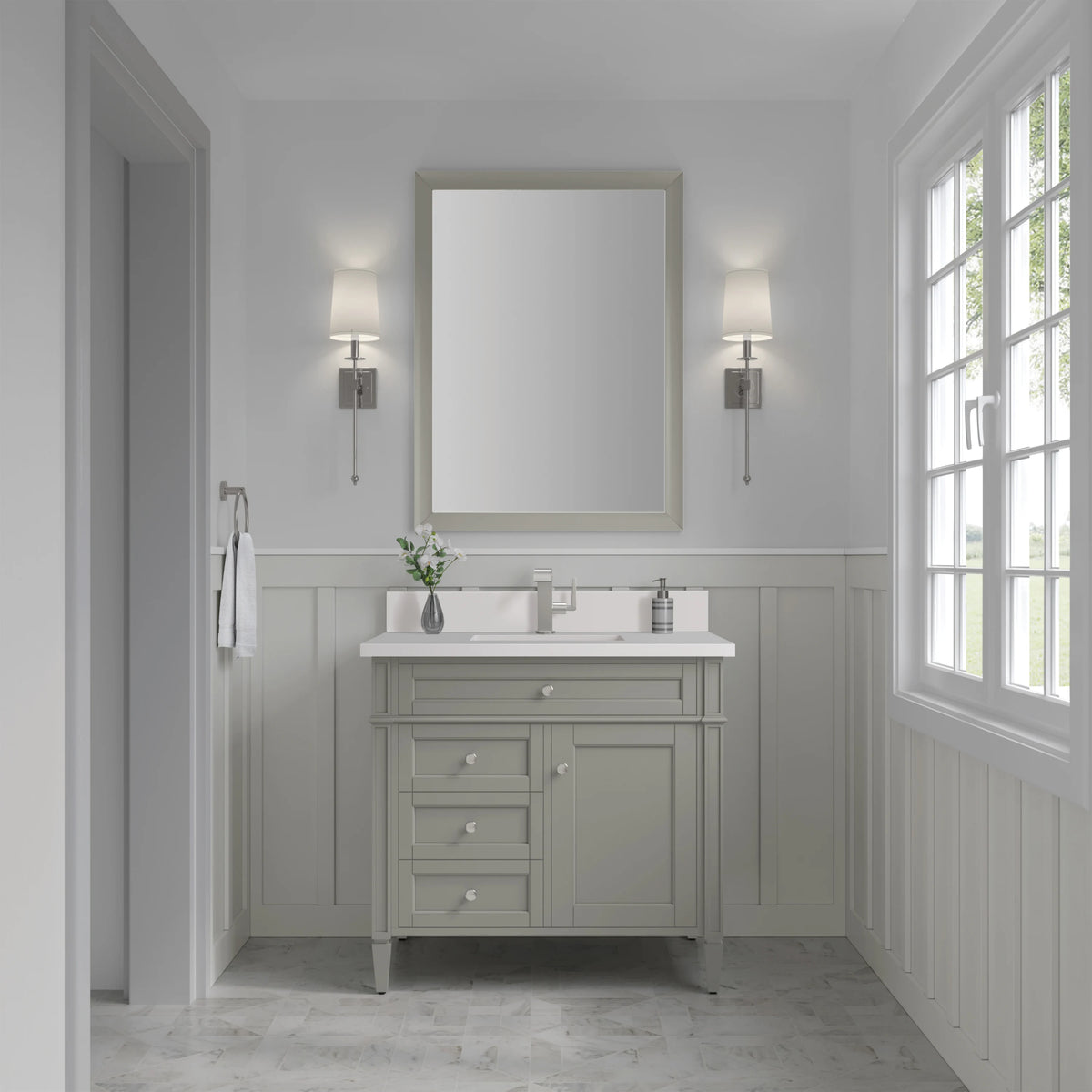Brittany 36" Single Vanity, Urban Gray w/ Single Hole 3 CM White Zeus Silestone Top & Backsplash, view 2