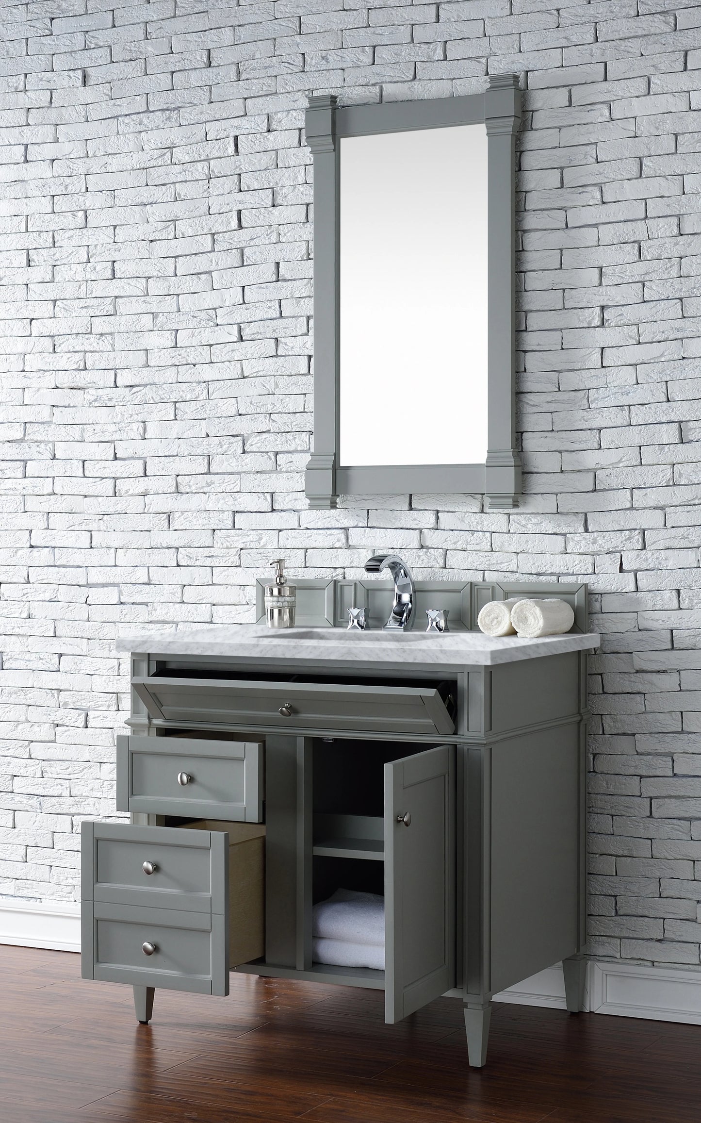 Brittany 36" Single Vanity, Urban Gray w/ 3 CM Carrara Marble Top, view 4