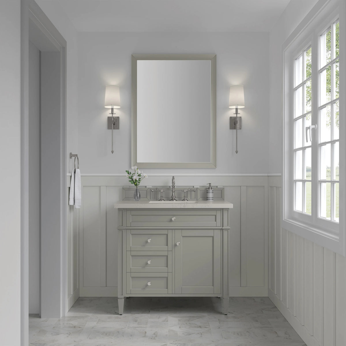 Brittany 36" Single Vanity, Urban Gray, w/ 3 CM Siberian Silestone Top, view 2