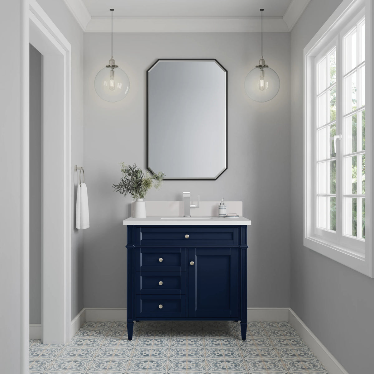 Brittany 36" Single Vanity, Victory Bleu w/ Single Hole 3 CM White Zeus Silestone Top & Backsplash, view 2