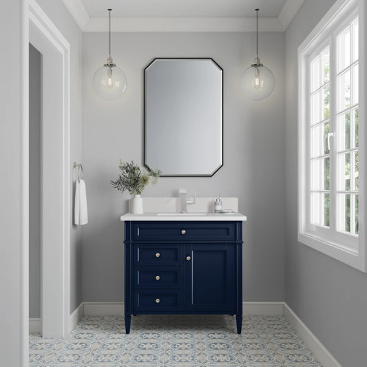 Brittany 36" Single Vanity, Victory Bleu w/ Single Hole 3 CM White Zeus Silestone Top & Backsplash, view 2