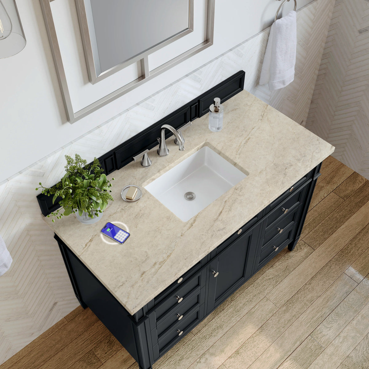 Brittany 48" Single Vanity, Black Onyx, w/ 3 CM Tajnar Eclos Top w/FreePower Wireless Charger, view 8
