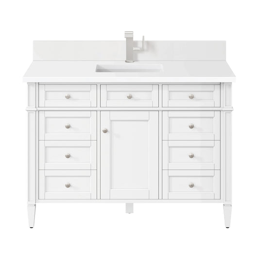 Brittany 48" Single Vanity, Bright White w/ Single Hole 3 CM White Zeus Silestone Top & Backsplash