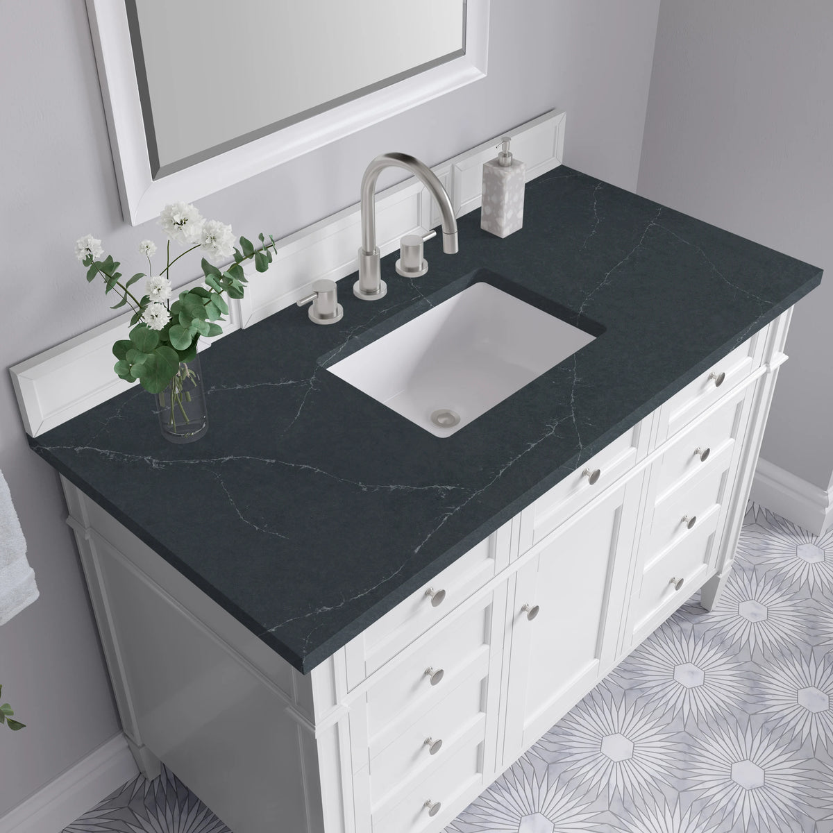 Brittany 48" Single Vanity, Bright White w/ 3 CM Charcoal Soapstone Silestone Top, view 7