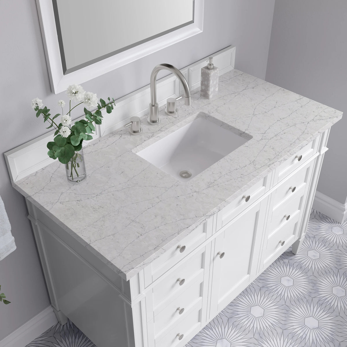 Brittany 48" Single Vanity, Bright White w/ 3 CM Eternal Jasmine Pearl Silestone Top, view 7
