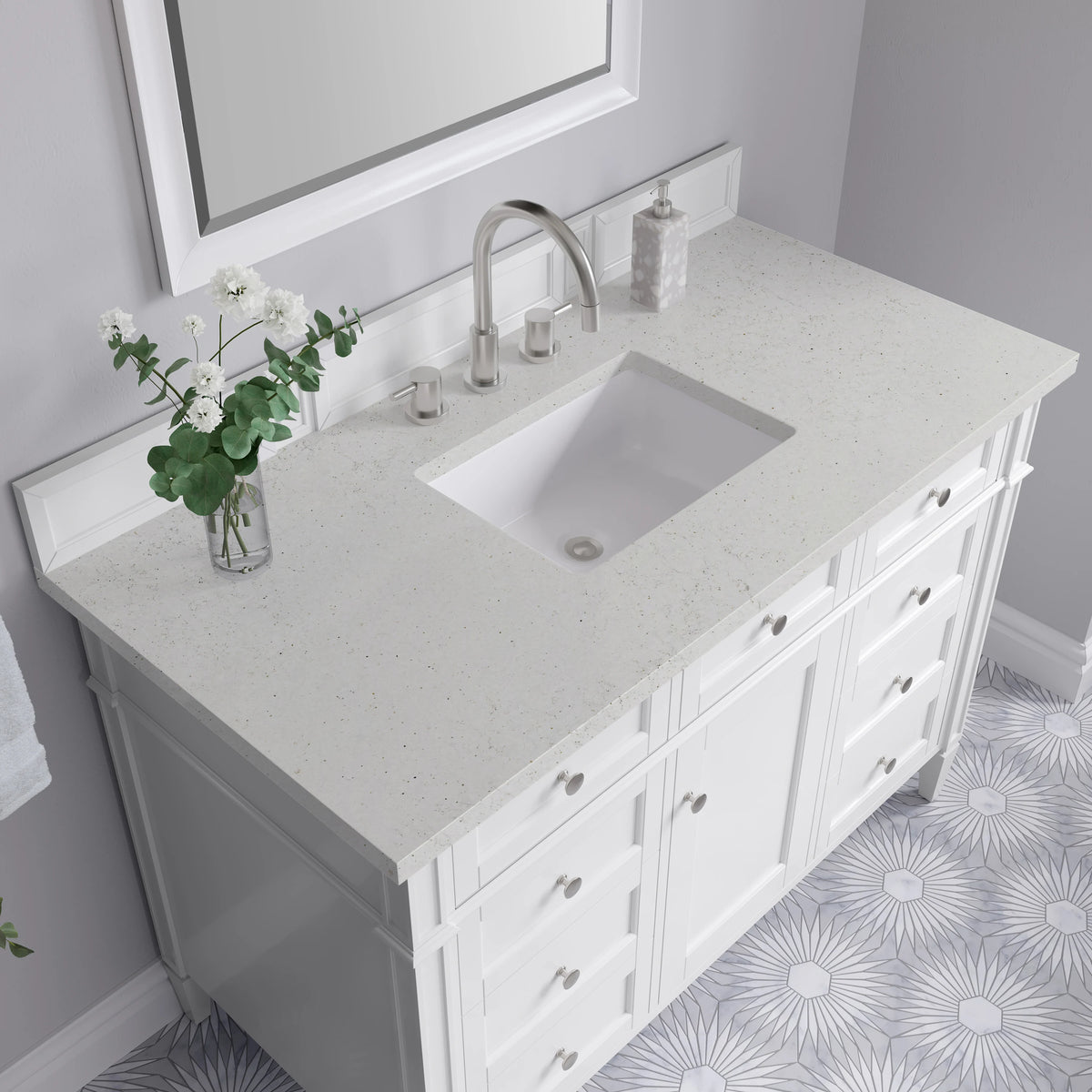 Brittany 48" Single Vanity, Bright White w/ 3 CM Lime Delight Silestone Top, view 7