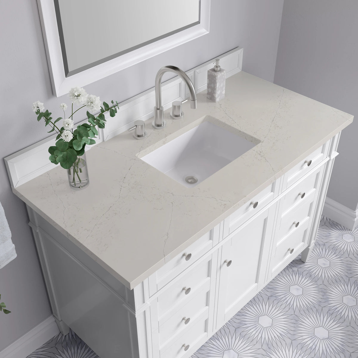 Brittany 48" Single Vanity in Bright White, w/ 3 CM Siberian Silestone Top, view 6
