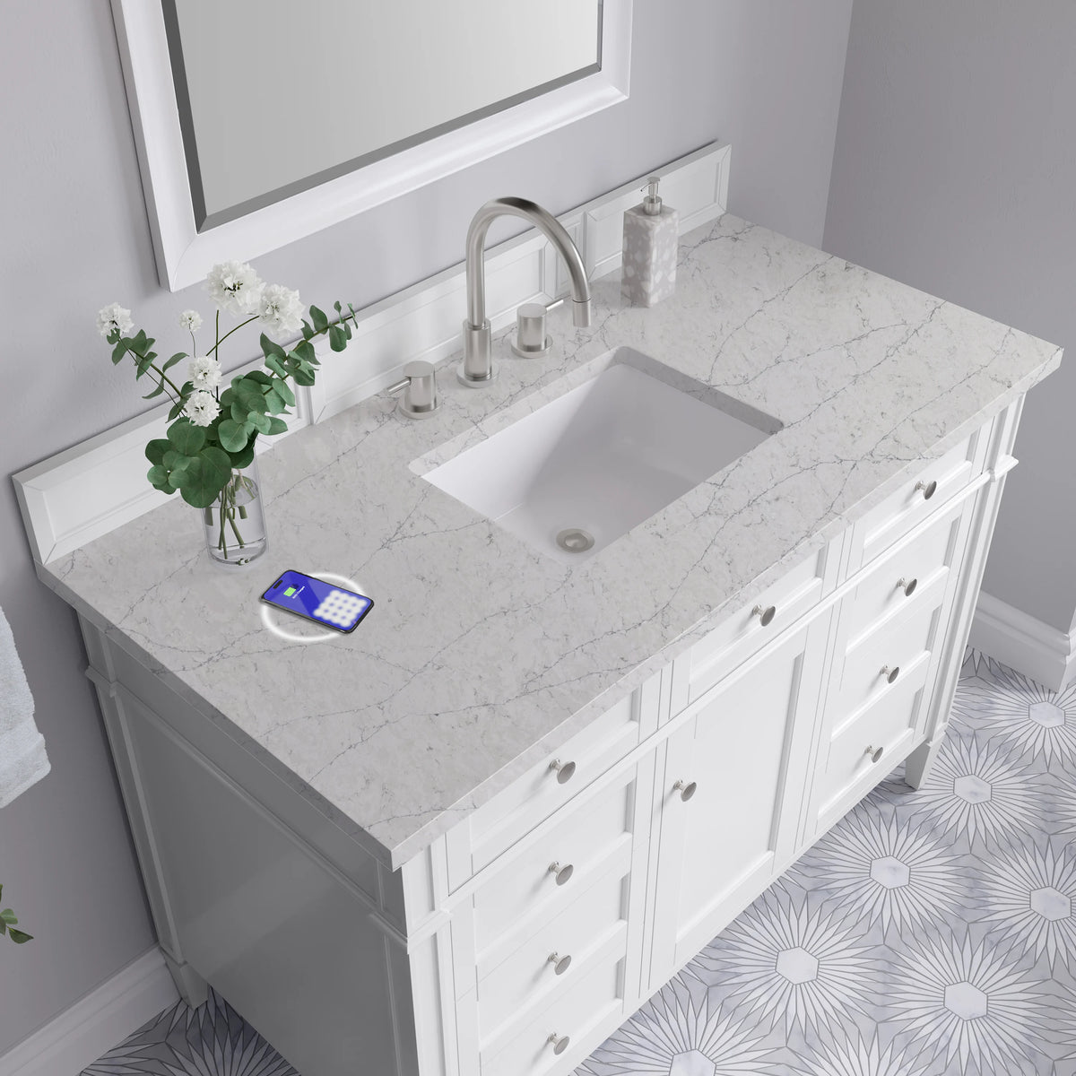 Brittany 48" Single Vanity, Bright White w/ 3 CM Eternal Jasmine Pearl Silestone Top w/FreePower Wireless Char, view 10