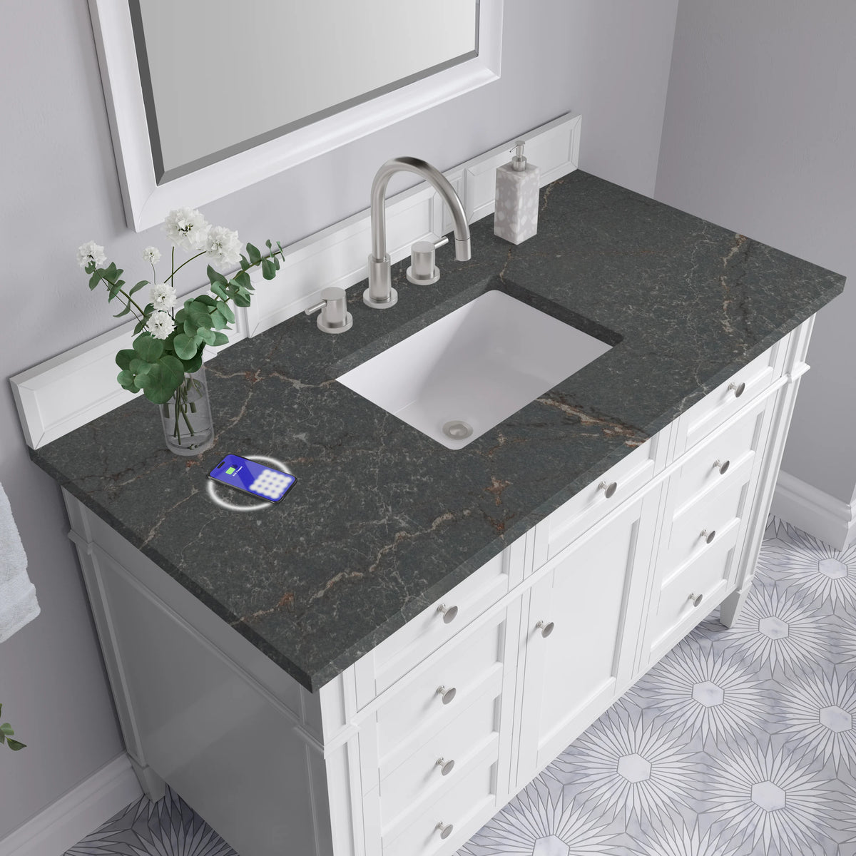 Brittany 48" Single Vanity, Bright White w/ 3 CM Parisien Bleu Silestone Top w/FreePower Wireless Charger, view 10