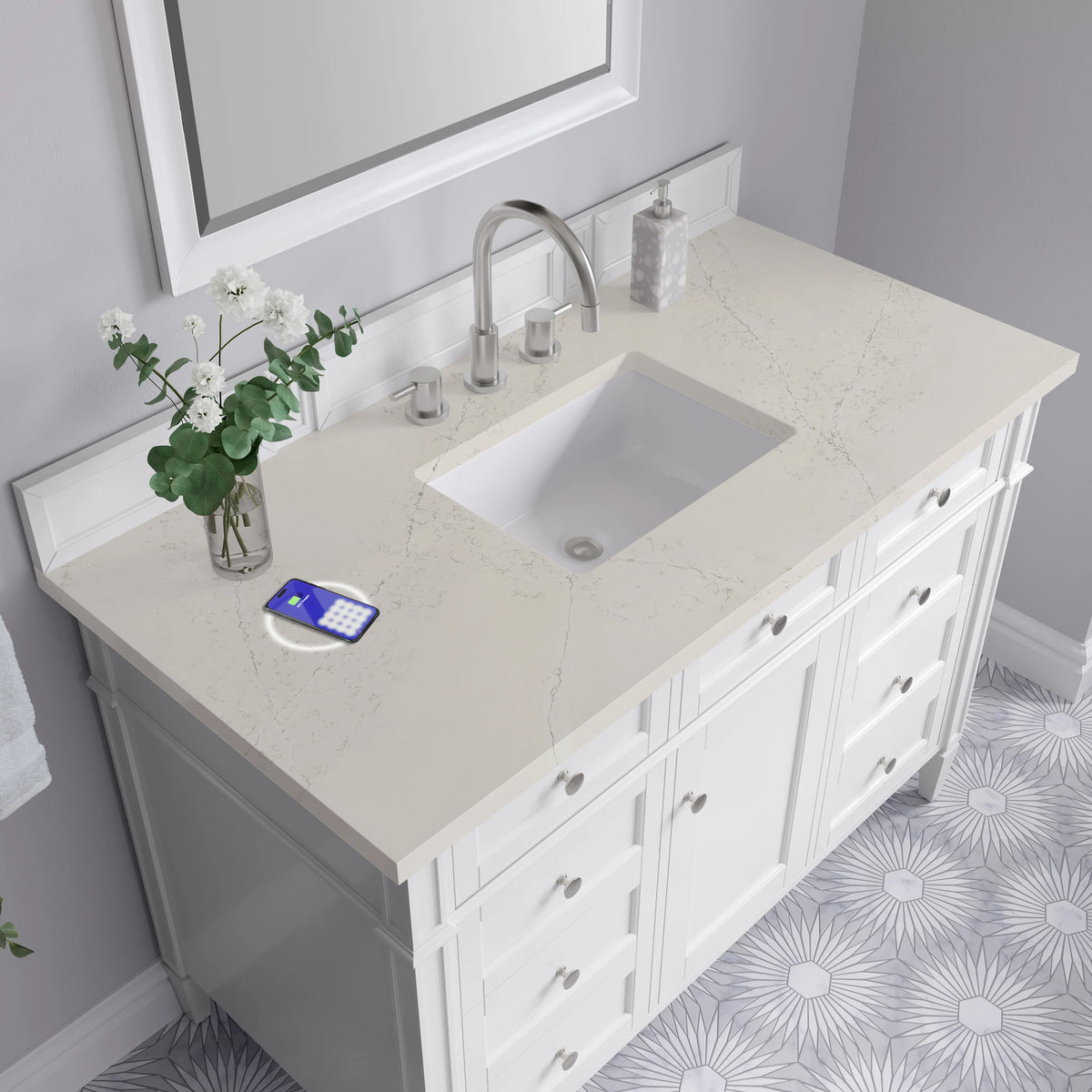 Brittany 48" Single Vanity in Bright White, w/ 3 CM Siberian Silestone Top w/FreePower Wireless Charger, view 8