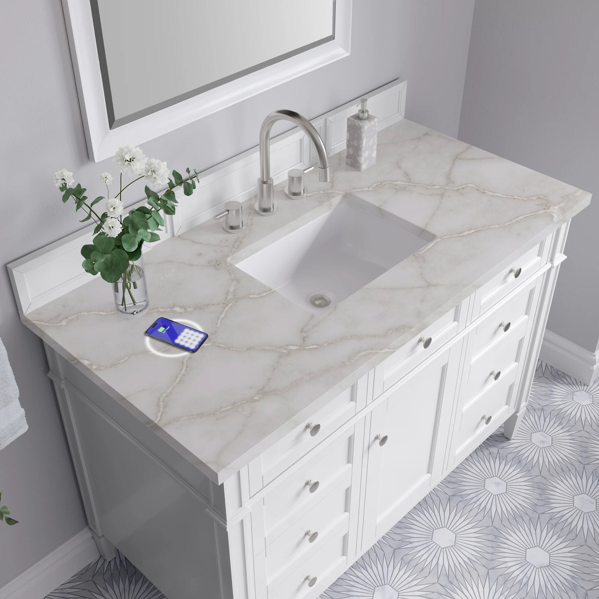 Brittany 48" Single Vanity, Bright White w/ 3 CM Victorian Silver Silestone Top w/FreePower Wireless Charger, view 10