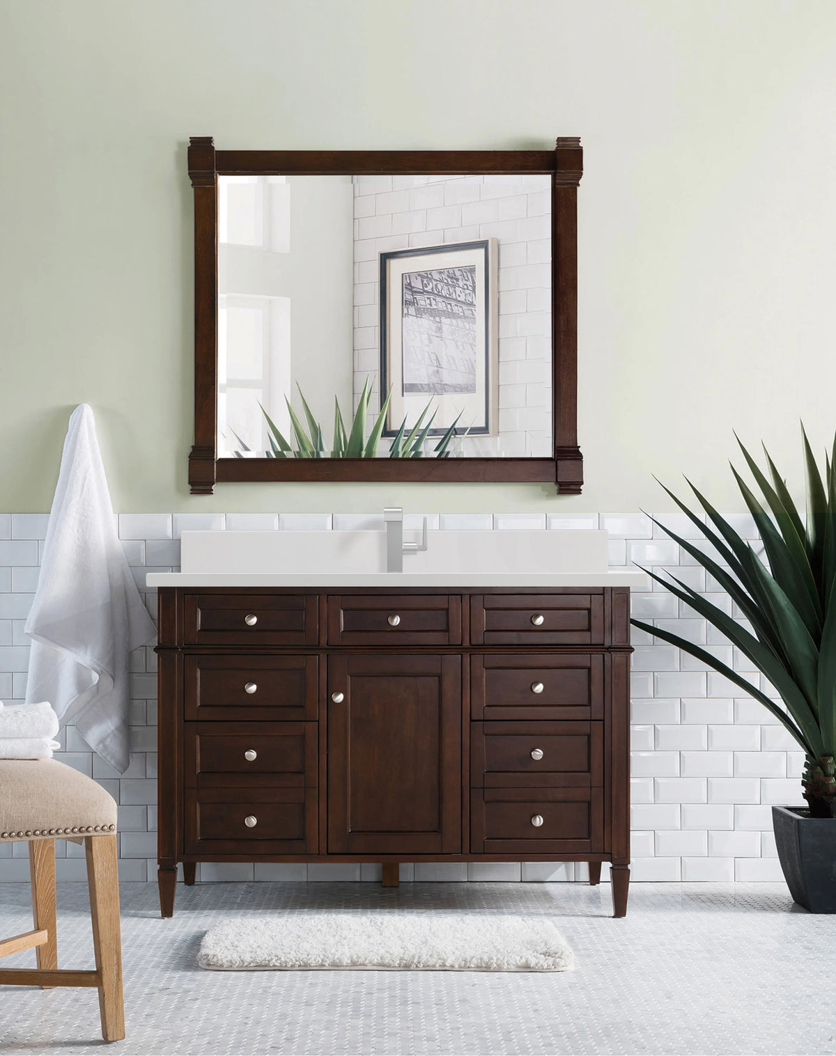 Brittany 48" Single Vanity, Burnished Mahogany w/ Single Hole 3 CM White Zeus Silestone Top & Backsplash, view 3