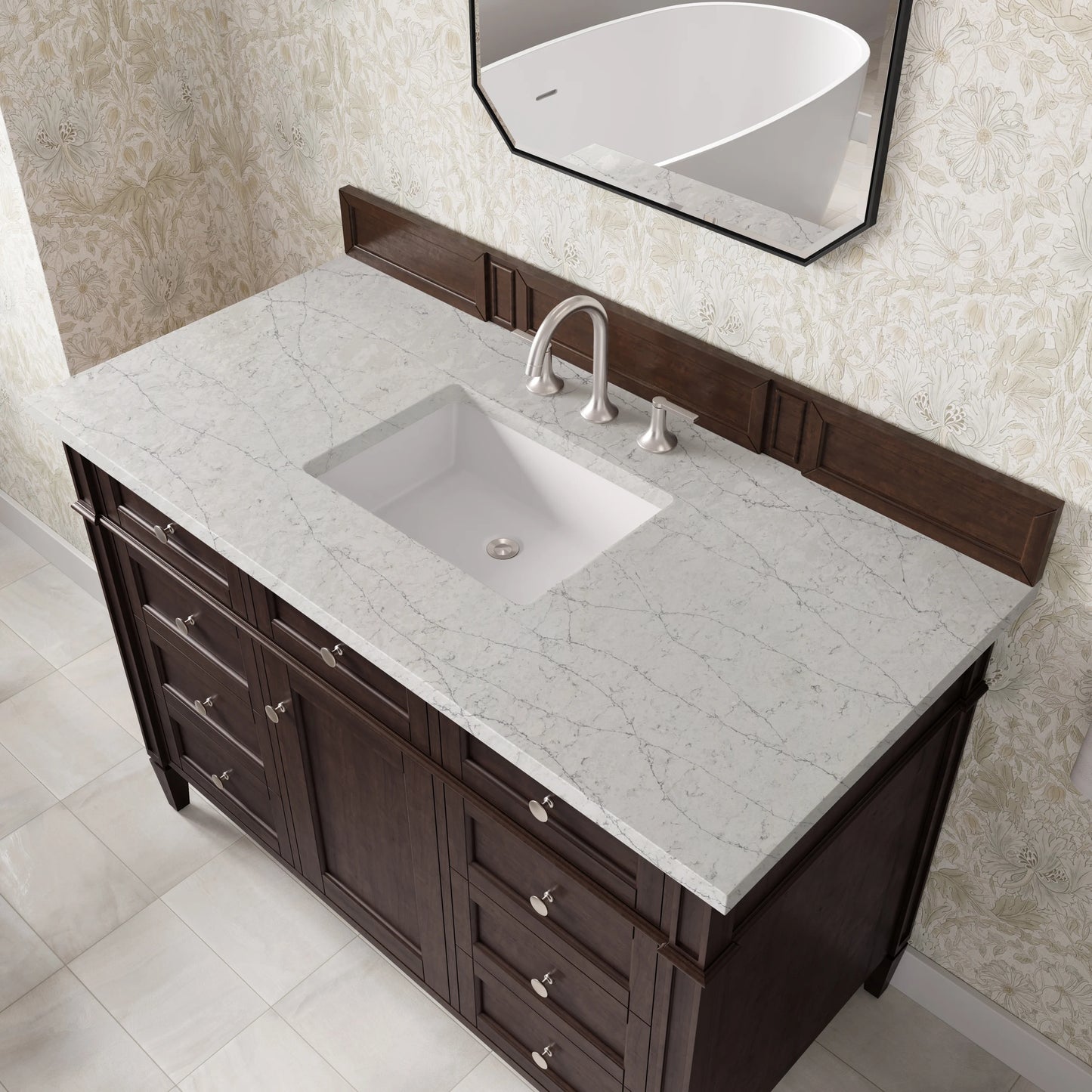 Brittany 48" Single Vanity, Burnished Mahogany w/ 3 CM Eternal Jasmine Pearl Silestone Top, view 7