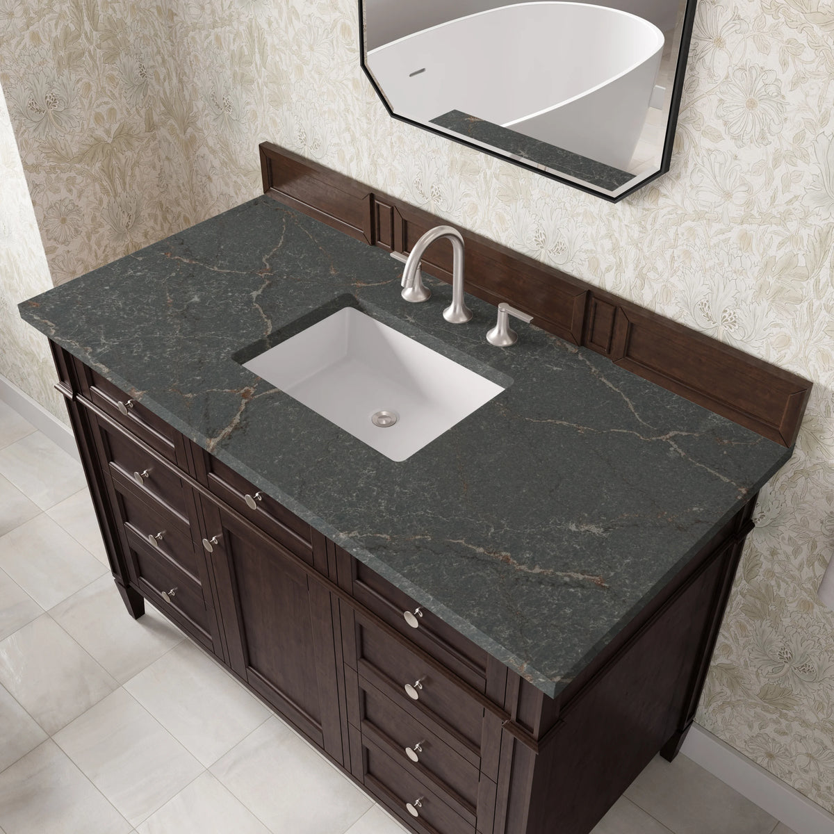 Brittany 48" Single Vanity, Burnished Mahogany w/ 3 CM Parisien Bleu Silestone Top, view 7
