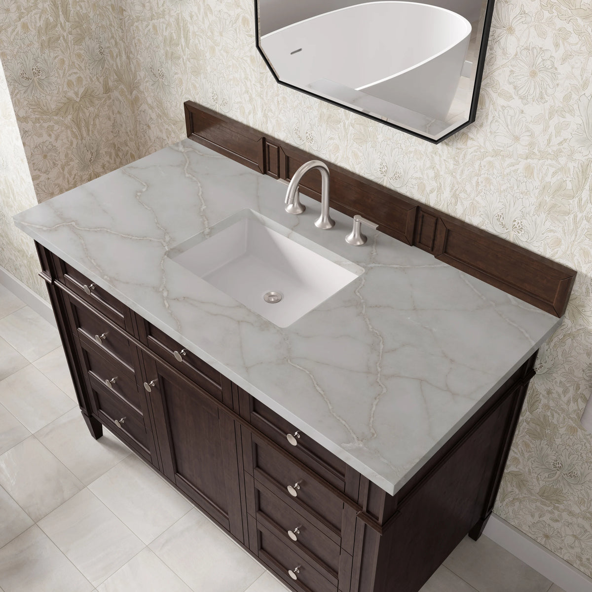 Brittany 48" Single Vanity, Burnished Mahogany w/ 3 CM Victorian Silver Silestone Top, view 7